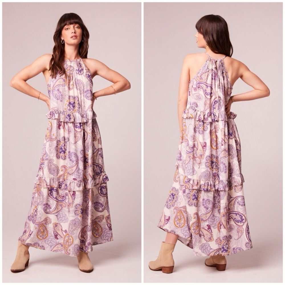 BOG Bohemian Paisley Sleeveless Tier Ruffle Maxi Dress, Medium, Cream Purple
